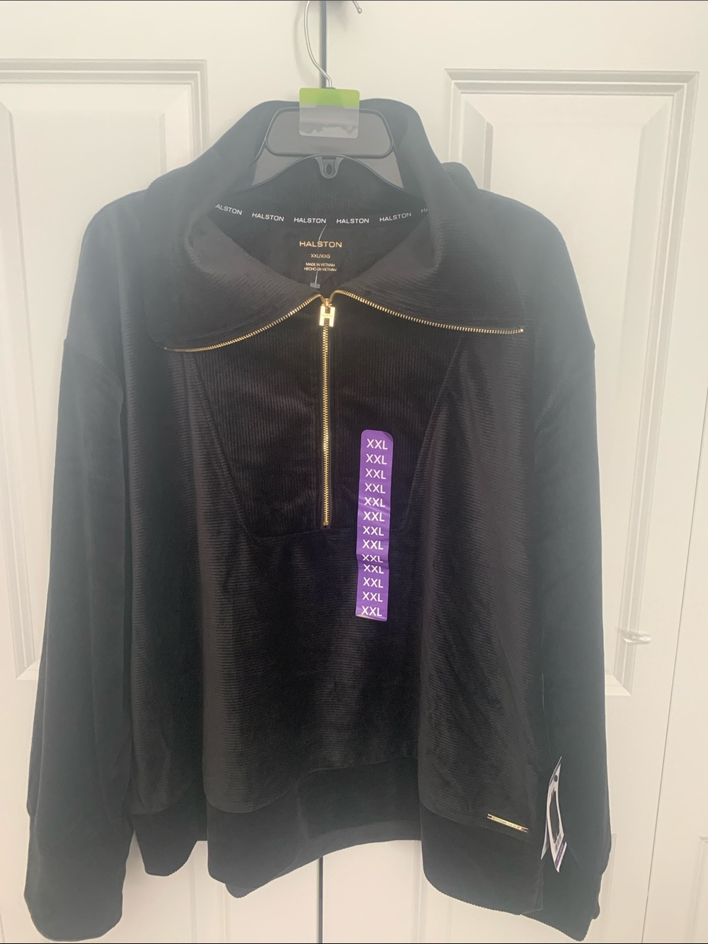 Halston Heritage Black Velvet Half-Zip Bomber Pullover with Gold Hardware